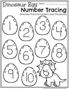 a printable worksheet to teach numbers in the shape of an egg with dinosaur eggs