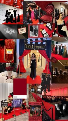 red and black collage with people dressed up in fancy clothes, costumes and accessories