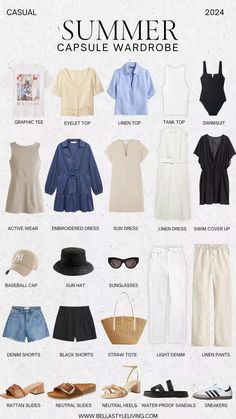 Summer Capsule Wardrobe Essentials Every Woman Should Own Travel Capsule Wardrobe Summer, Capsule Wardrobe Casual, Spring Summer Capsule Wardrobe, Capsule Wardrobe Essentials, Fashion Capsule Wardrobe, Summer Wardrobe Essentials, Summer Capsule