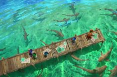 an artist's rendering of a wooden dock surrounded by fish