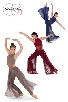 three women in different colored dresses are dancing