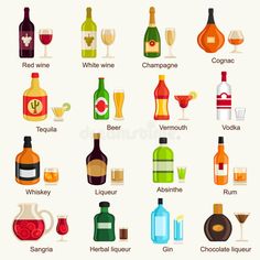 different types of alcohol bottles and glasses