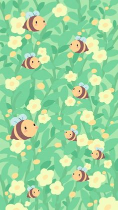 a bunch of bees that are in the grass and some flowers on top of each other