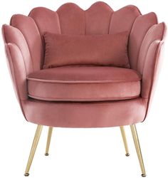 a pink chair with gold legs and a pillow on top of the armrests