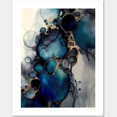 an abstract painting with blue and gold colors on white paper, framed in black frame