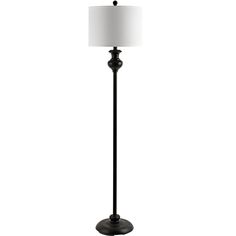 a black floor lamp with a white shade on the top and bottom part of it