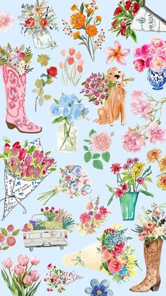 a bunch of flowers that are on top of a blue background and some pink boots