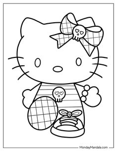 the hello kitty coloring page is in black and white, with a bow on her head