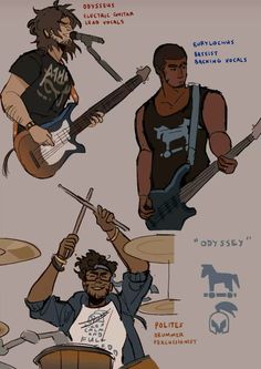 an artist's guide to drawing cartoon characters with their guitars, drums and basses