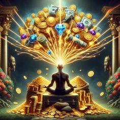 Immerse in the vision of golden abundance with our wealth manifestation image featuring a tranquil person meditating, attracting overflowing wealth of gold, gems, and diverse currencies amidst a lush garden. #WealthManifestation #LawOfAttraction #Abundance #Prosperity #MindfulMeditation #PositiveVibes. Learn more about manifesting wealth here: {link}. Feng Shui Wallpaper, Person Meditating, Wealth Vision Board, Visualization Techniques, Nature Symbols, Wealth Manifestation, Power Of Positive Thinking, Pictures Of Shiva