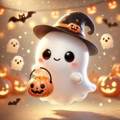 a white ghost with a black hat and pumpkins on it's face is surrounded by halloween decorations