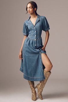 100% cotton Side seam pockets Button front Machine wash Imported | Short-Sleeve Denim Midi Shirt Dress by Pilcro in Blue, Women's, Size: 0, Cotton at Anthropologie Casual Day Dresses, Fall Dress, Midi Shirt Dress, Mini Shift Dress, Blue Midi Dress, Boho Blouses, Plus Dresses, Petite Dresses, Premium Denim