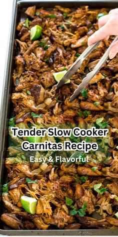 a person cutting up food in a pan with the words tender's low cooker cantass recipe