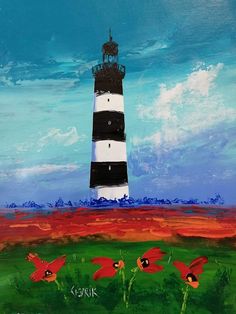 a painting of a black and white lighthouse with red poppies in the foreground