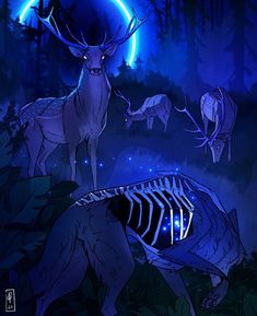 some animals that are standing in the grass with blue lights on their heads and horns