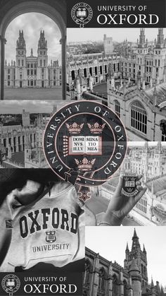 an image of oxford university collage in black and white with the words oxford on it