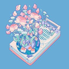 an illustration of flowers in a vase on top of a laptop