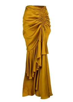 This marigold muse ruched skirt with layered ruffle hem is generously dipped in mustard gold hue. This skirt exudes summer sensuality as the tiers of softly draped satin flow with ease on the body. The playful adjustable drawstring details further accentuate the curves and truly celebrate femininity. Skirt Gathering, Yellow And Gold Outfit, Sun Skirt, Golden Yellow Outfit, Egyptian Skirt, Skirt Drape, Rushed Skirt, Drapped Skirt, Ruffles Skirt