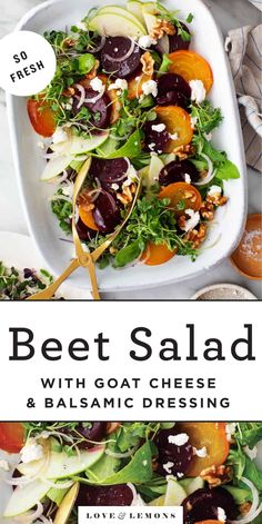 beet salad with goat cheese and balsamic dressing in a white dish on a table