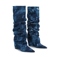 US$65.00 Blue Boots Aesthetic, Denim Footwear, Boots Aesthetic, Beige High Heels, Comfortable Wedges, Blue Boots, Dark Navy Blue, Tall Boots, Dark Navy