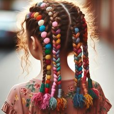 Box braids with decorative beads, ribbons, or yarn-Hairstyle for Girl Kids with long curly hairs Hairstyle For Kids, Decorative Beads, Long Curly Hair, Halloween Birthday, Long Curly, Curly Hairstyle, Box Braids, Kids Hairstyles