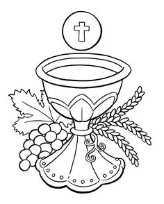 a coloring page with an image of a chalicer, grapes and leaves around it