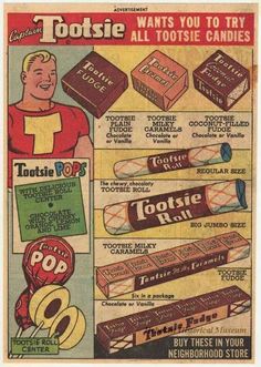 an old advertisement for tootsie pops from the 1950's, featuring a man holding a candy bar