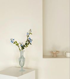 a vase with blue flowers sitting on top of a white table next to a shelf