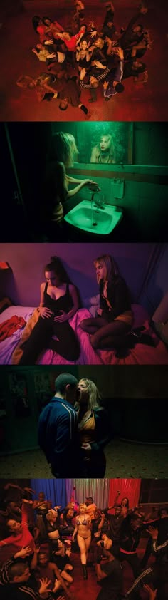 four different images of people laying in bed