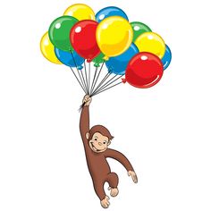 a monkey flying with balloons in the air