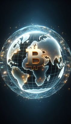 the earth with bitcoin on it is surrounded by glowing lights and dots in blue tones