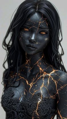 a woman with black hair and gold paint on her body