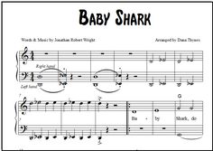 baby shark sheet music with notes for children to play on the piano, and an adult version