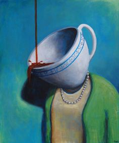 a painting of a woman holding a white bowl with a red liquid pouring out of it