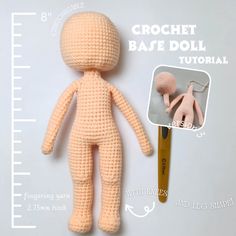 a crocheted doll next to a ruler with the instructions for how to make it