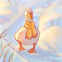 a painting of a duck wearing a scarf and standing in the snow with trees behind it