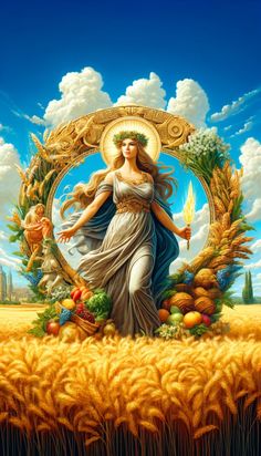 a painting of a woman standing in the middle of a wheat field with an angel above her