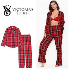 New With Tags Victoria’s Secret Flannel Pajamas Red Black Plaid Super Soft Pajamas Size Large Plaid Sleepwear For Pajama Party In Fall, Plaid Long Sleeve Pajama Set For Party, Plaid Long Sleeve Sleepwear For Loungewear, Plaid Winter Sleepwear, Plaid Sleepwear For Winter Loungewear, Plaid Winter Sleepwear For Loungewear, Winter Plaid Sleepwear, Red Sleepwear For Fall, Red Fall Sleepwear