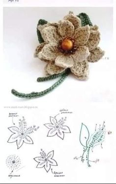 crocheted flowers and leaves are shown on the page, with instructions to make them