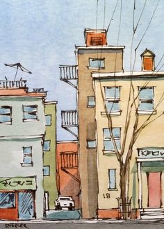 watercolor and ink painting of buildings in the city