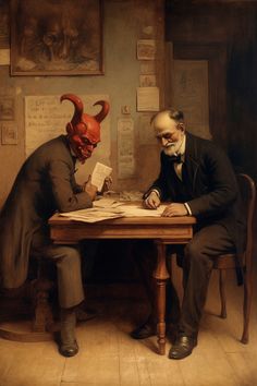 two men sitting at a table with devil masks on their heads and papers in front of them