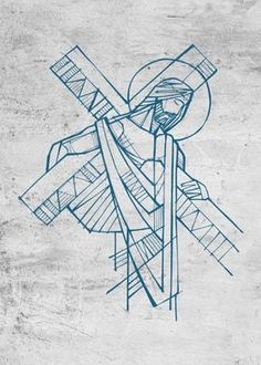 a drawing of jesus carrying the cross on his back with blue lines in front of it