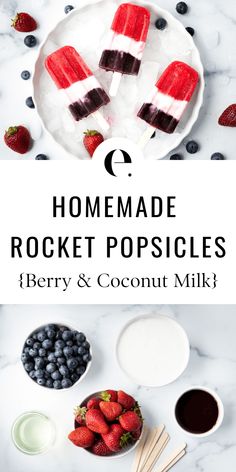 homemade rocket popsicles with berries, blueberries and coconut milk on a white plate