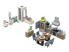 an image of a kitchen setting made out of legos on a white background,