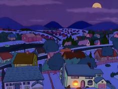 an animated image of a town with houses and mountains in the background at night time