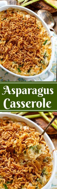 two casserole dishes filled with asparagus and cheese