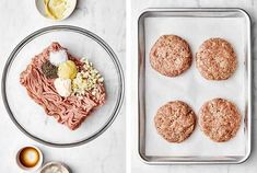 some food is sitting on a tray and next to it are eggs, meat patties, and other ingredients