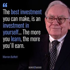 an older man wearing glasses and a suit with a quote from warren buffet on it