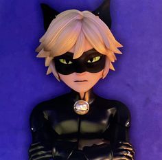 an animated catwoman with green eyes and black cats ears