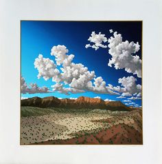 a painting of clouds and mountains in the sky over a desert landscape with green grass